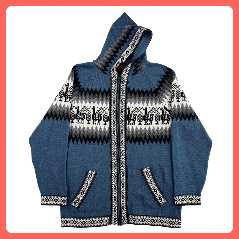 Andean Alpaca Wool Sweater Hoodie Women‎ SMALL Blue Pocahontas Boho Peruvian